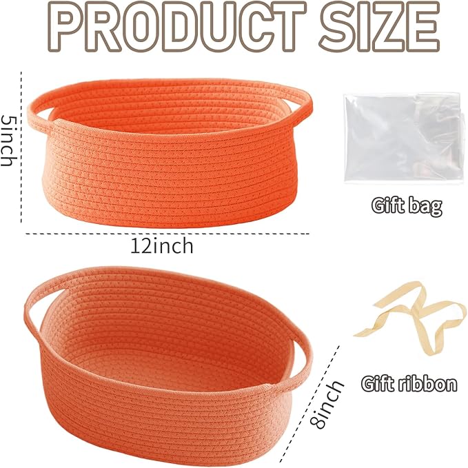 Woven Basket,Small Rope Storage Bin with Handles & Ribbon Bag, Organizer for Shelves Closets,Gift Basket Empty for Birthday,Books,Dog Toys, Orange/2 Pack