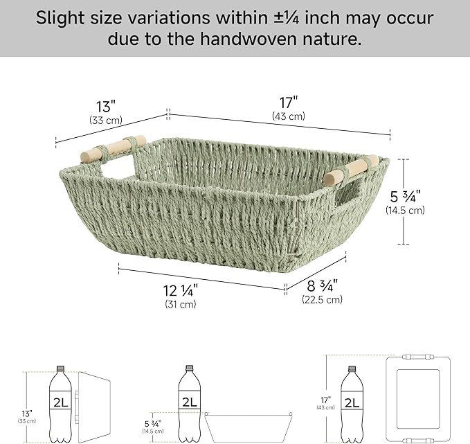 StorageWorks Extra Large Wicker Storage Basket for Organizing with Wooden Handles, Toilet Paper Baskets for Shelf, Bosana Green, 2-Pack