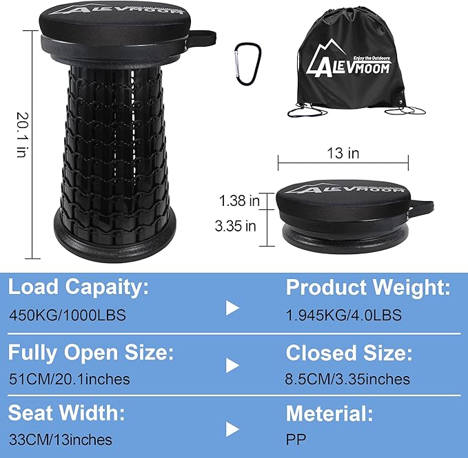 Upgraded XXL Collapsible Stool with Thick Cushion H 20.1" D 13", 1000Lbs Max Weight, Wider & Taller Pop Up Heavy Duty Portable Retractable Foldable Stool or Travel Foot Rest, Camping & Outdoors