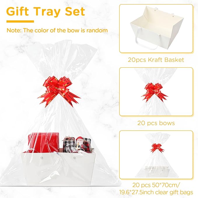 Tuanse 30 Pcs Basket for Gift Empty DIY Bulk Gift Basket Kit with Handle Kraft Cardboard Tray with 30 Bag 30 Bow Market Tray for Wedding Party(White,9.8 x 6.5 x 4.3 in)