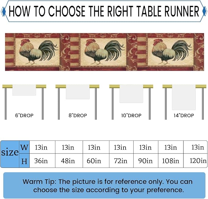Vintage Watercolor Rooster Table Runner Kitchen Dining Table Runner 13*48in Table Center Decor for Indoor Outdoor Home Holiday Party