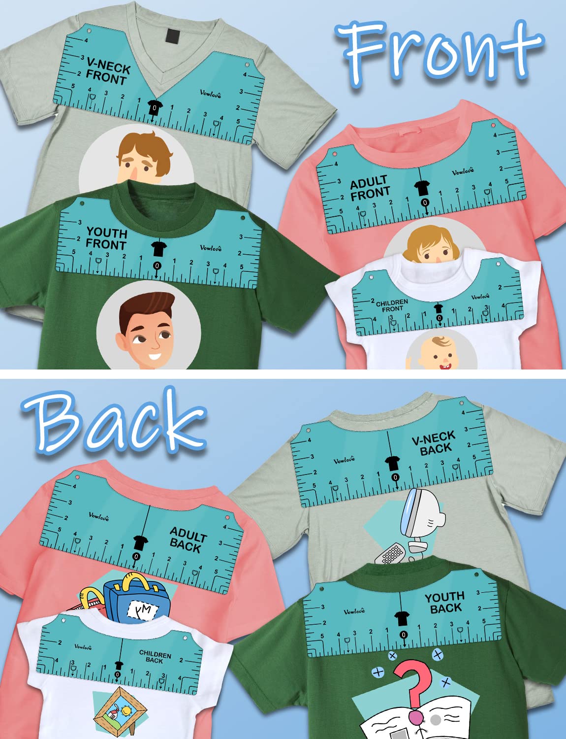 Vowlove Tshirt Ruler Guide for Vinyl Alignment - T Shirt Measure Rulers Guide, Shirt Measurement Centering Tool Heat Press Screen Printing V-Neck Embroidery Accessories Sublimation Blanks Product