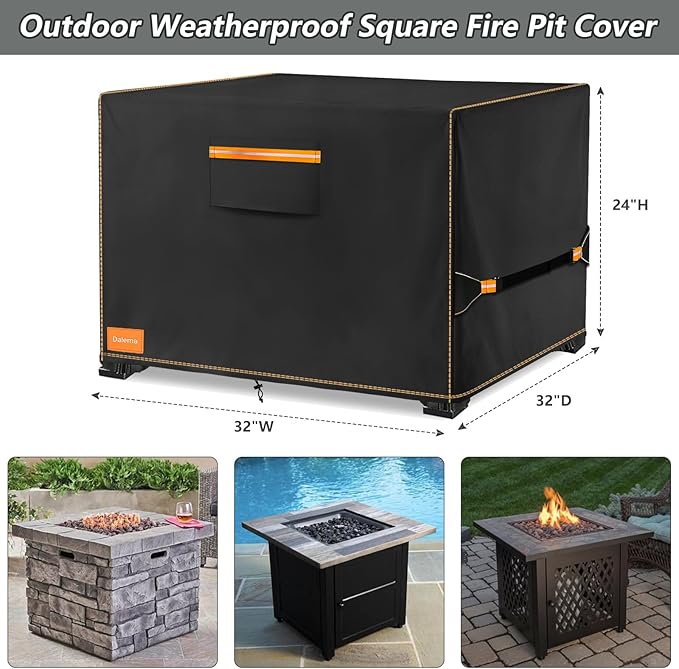 Fire Pit Cover,Outdoor Heavy Duty 600D 100% Waterproof Fire Pit Cover Square,Weatherproof Firepit Covers Square 32" L x 32" W x 24" H,Black