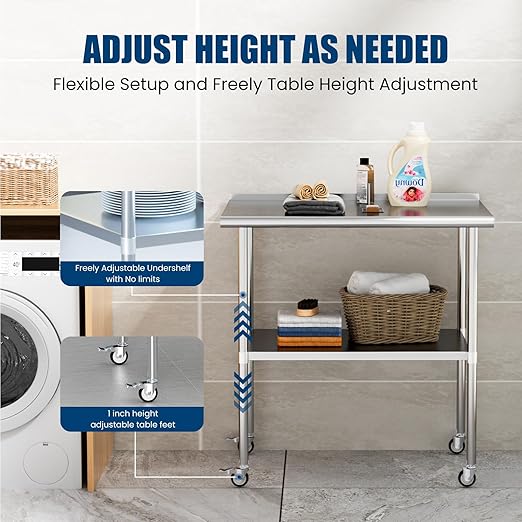 Stainless Steel Table with Wheels 18 x 36 Inches Metal Prep Table with Backsplash & Caster, Adjustable Undershelf for Commercial Kitchen, Outdoor, Restaurant, Hotel & Garage