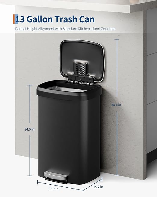 Garvee 13 Gal / 50L Large Plastic Trash Can for Kitchen, Step-On with Soft Close Lid, Liner Rim, Rustproof Garbage Bin, Rear Handle, Matte Black