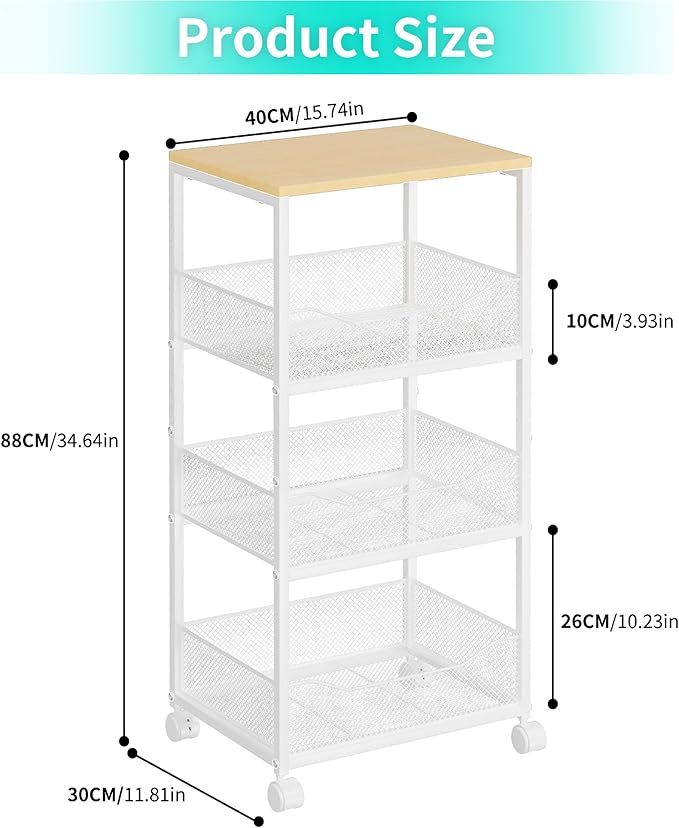 HapiRm Fruit Basket Kitchen Cart - 4-Tier Rolling Storage Cart with Wheels, Wood Top Utility Pantry Cart for Vegetables, Potatoes, Onions, Bread, Snacks