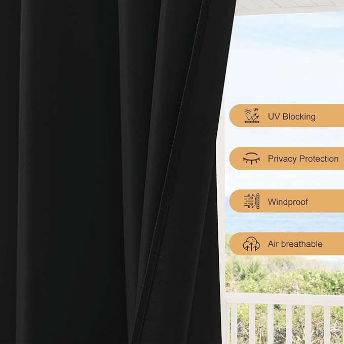 HolidayIdeas Outdoor Patio Curtains Waterproof with Rod Pocket 8 Panels 54x95 Inch- Protect Privacy Balcony Outdoor Curtains for Apartments,Porch, Gazebo, Pergola, Sliding Glass Door, Black