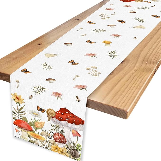 Mushroom Table Runner, Rustic Farmhouse Forest Plants Botanical Wildfloral Coffee Table Center Decor for Home Kitchen Dining Patio Holiday Party Indoor Outdoor Table Decorations, 13"x36" Inch
