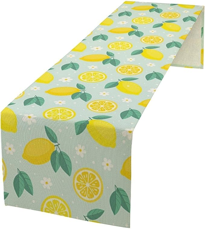 Spring Lemon Table Runner, Summer Seasonal Green Leaves Flowers Yellow Fruit Print Table Runner for Farmhouse Kitchen Dining Table Home Party Decor 13x60in