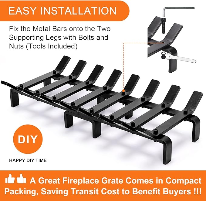 20" Fireplace Grate Wood Stove Grate Rack Stove Burning Rack Heavy Duty Solid Steel 8-Bars Firewood Holder Easy Assembly Fire Grate for Indoor Hearth Outdoor Firepit Matt Black