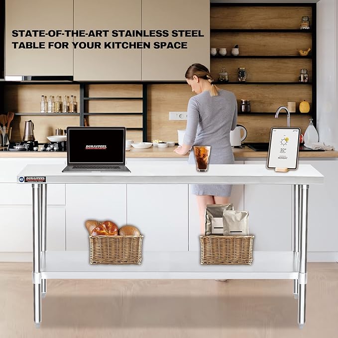 DuraSteel 30x72 Stainless Steel Prep Table - NSF Commercial Kitchen Metal Worktable - Large Laboratory Benches with Under Shelf - For Laundry Room, Kitchen, Garage, Restaurant