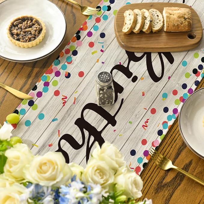 Artoid Mode Polka Dot Wood Happy Birthday Table Runner, Seasonal Kitchen Dining Table Decoration for Home Party Decor 13x72 Inch