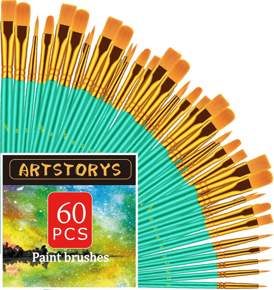 Paint Brushes Set, 60 Pcs Paint Brushes for Acrylic Painting, Oil Watercolor Acrylic Paint Brush, Artist Paintbrushes for Body Face Rock Canvas, Kids Adult Drawing Arts Crafts Supplies, Green