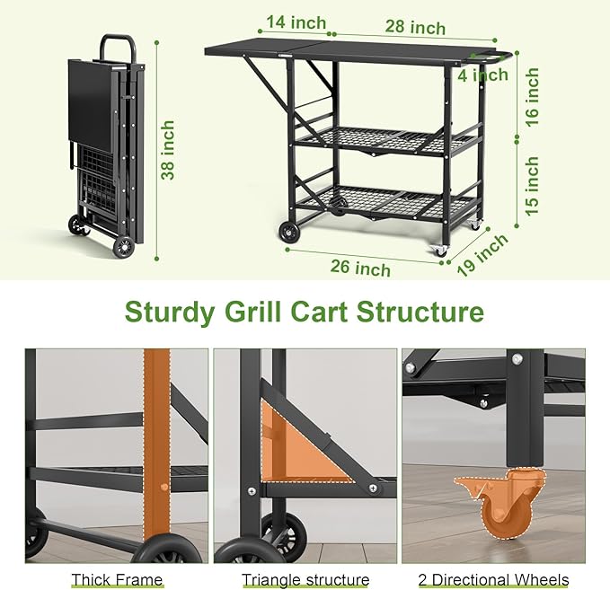 Himix Folding Grill Cart-3 Tier Outdoor Grill Cart with Wheels, Grill Table for Outside Pizza Oven Cooking Prep Table, Portable Bar Cart Grill Station
