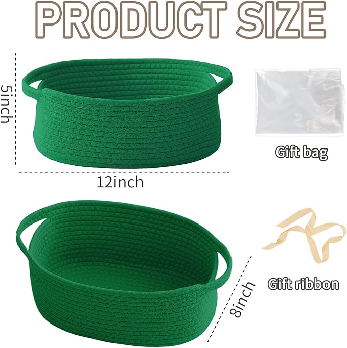Woven Basket,Small Rope Storage Bin with Handles & Ribbon Bag, Organizer for Shelves Closets,Gift Basket Empty for Birthday,Books,Dog Toys, Green/2 Pack