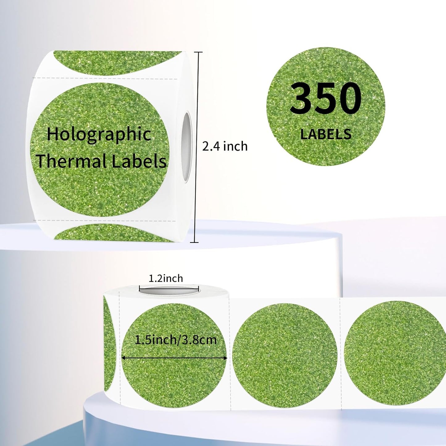 1.5" Holographic Direct Thermal Label Stickers, Round Printable Rainbow Glitter Thermal Printer Sticker Labels for Gift Wrapping, Self-Adhesive DIY Custom Logo Design- Glitter Green