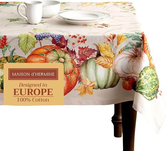 Maison d' Hermine Table Cloth Rectangle Table 100% Cotton 70 x 120 Inches Fall Tablecloth Reusable Everyday Use for Thanksgiving Christmas Decorations Dining Farmhouse Party (Lumina)