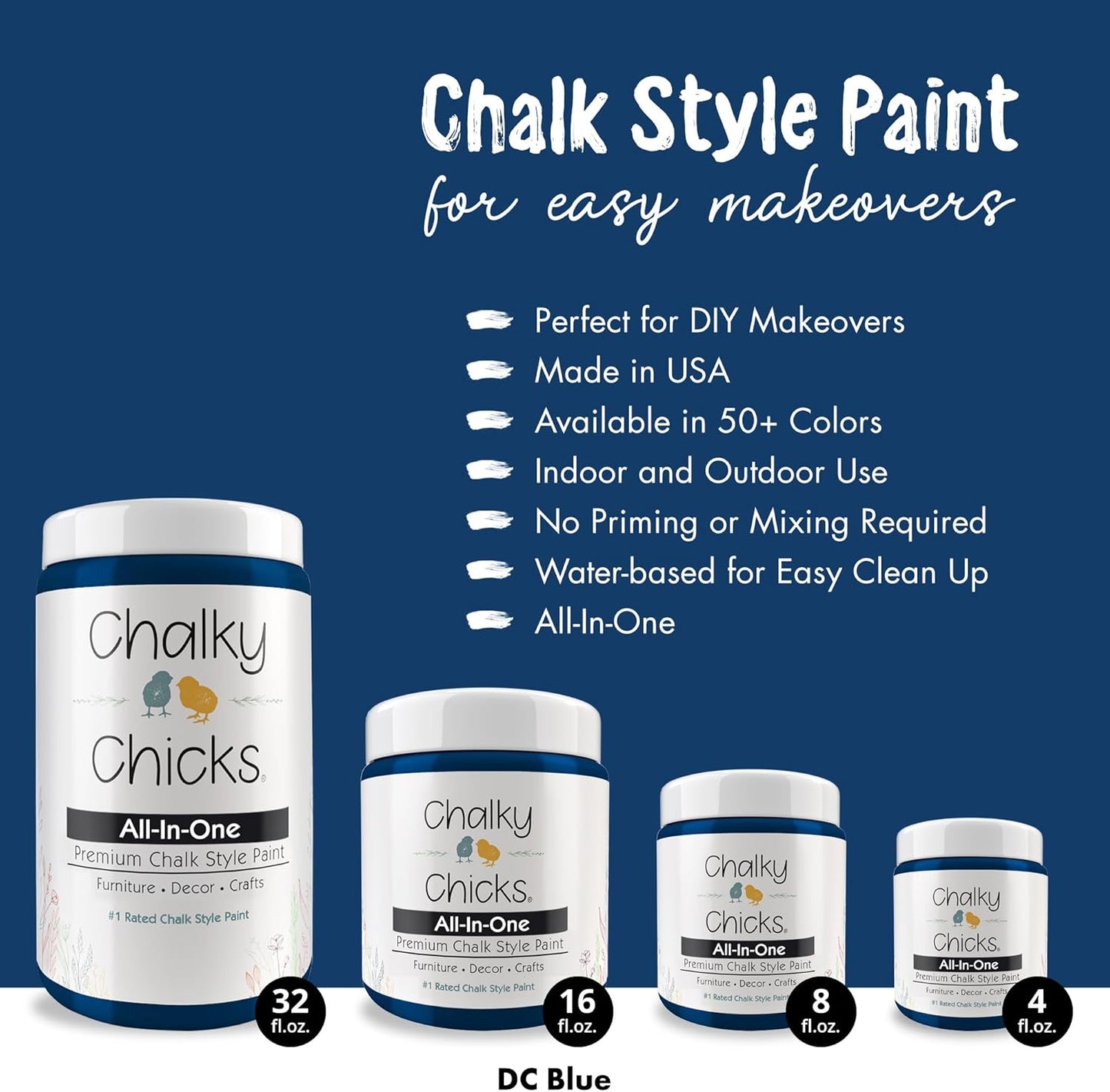 Chalky Chicks All-in-One Chalk Paint for Furniture or Cabinet - 8 Fl Oz - Matte Finish DC Blue Navy Blue for Metal, Wood Furniture Paint - No Sanding All-in-One for Home Decor & Crafts, USA Made