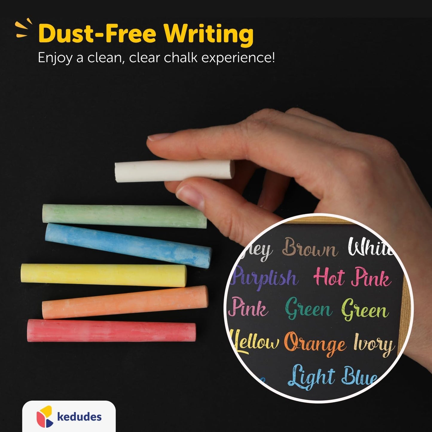 Kedudes Dustless Chalk with Eraser, 24pk - 12 Colored Chalkboard Chalks and 12 White Chalk for Chalkboard and Board Erasers Set - Blackboard Chalks and Eraser with Wooden Handle