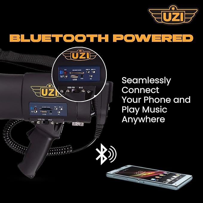 Uzi High Power Loud Big Bluetooth Megaphone 50W, Professional Bullhorn Megaphone Used by First Responders, Police & Agencies, Rechargeable Battery, PA System, Outdoor Activitie