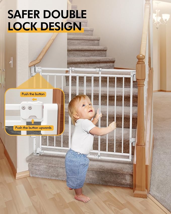 Baby Gate for Stairs Doorways & Kitchen, 26.4"-43" W x 29" H, No Bottom Bar Dog Gate, One-Handed Auto-Close, Hardware Mount Safety Gate for Dogs & Toddlers, White