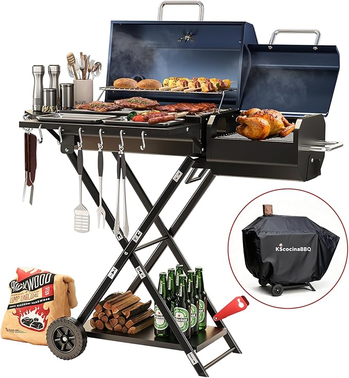 Portable Charcoal Grill with Smoking Function, Foldable Suitcase Design with Wheels, Multi-Tier Storage Rack & Waterproof Cover for Outdoor BBQ Parties (Blue)
