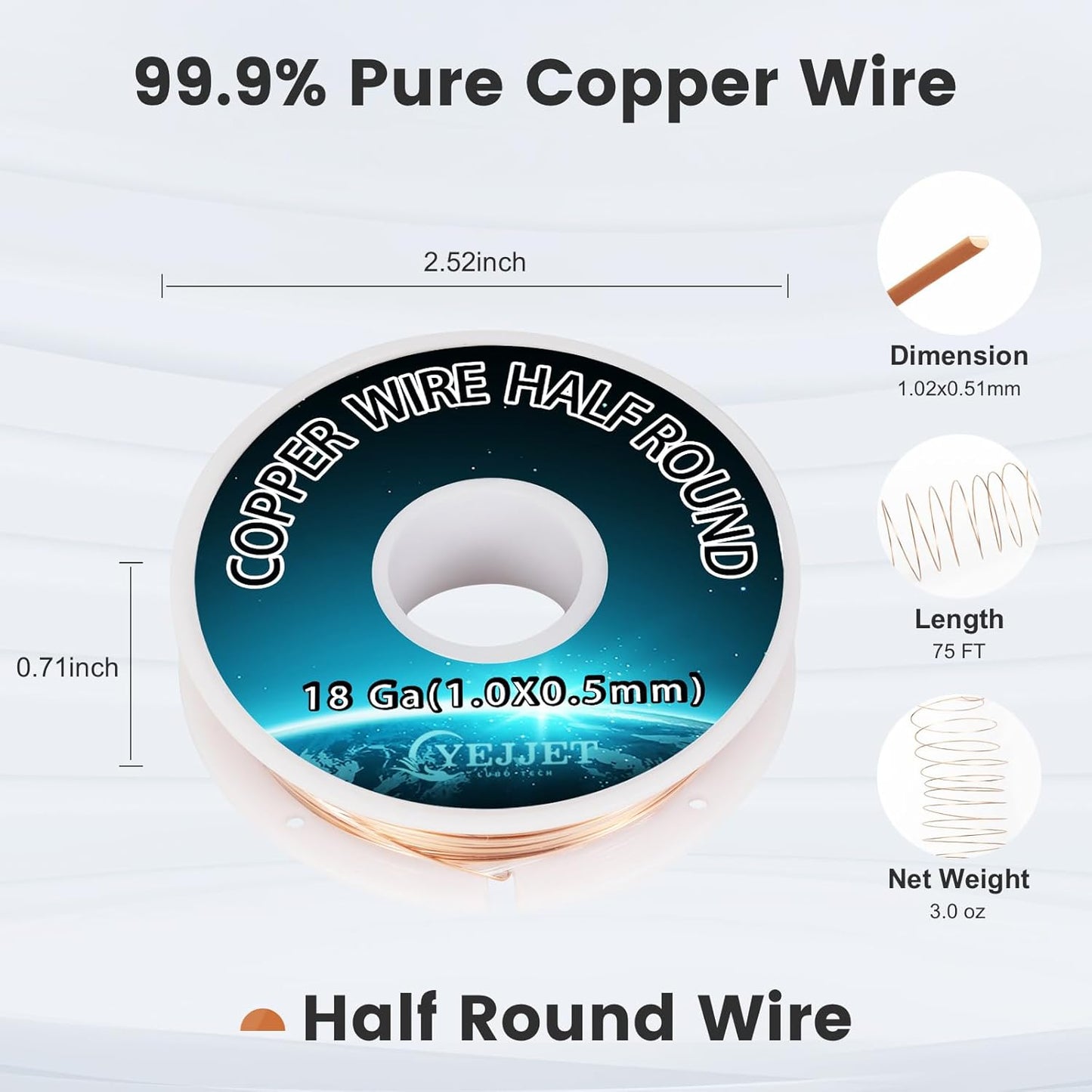 18 Gauge Copper Wire Half Round - 3.0 oz (75 Feet) Industrial Conductive Wire, Electrodeposition & DIY Projects