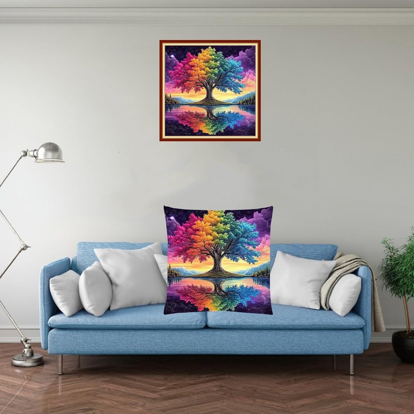 Fanxvivy Stamped Cross Stitch Kits for Adults Beginners Pillow Needlepoint Kit with Embroidery Pattern Needlework Kit Prestamped Stitches Kit 11CT Cross Stitching-Reflection Colorful Trees 18x18inch