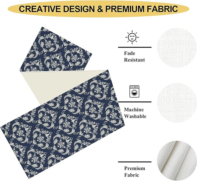 Blue Damask Table Runner, Rustic Gothic Baroque Style Floral Bohemian Boho Flower Antique Vintage Coffee Table Center Decor for Kitchen and Dining Outdoor Country Party Table Decorations, 13"x72"