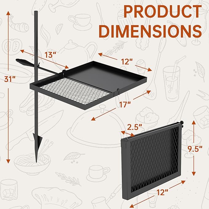 Folding Campfire Grill grate, Compact Height-Adjustable Fire Pit Grilling Grate, Heavy Duty Swivel Over Fire Cooking Grate with Handbag for Outdoor Camping Hiking Backpacking and Family Gatherings