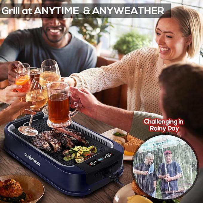 Indoor Grill CUSIMAX Electric Smokeless Grill Portable Korean BBQ with Turbo Smoke Extractor Technology, Non-stick Removable Plate, Tempered Glass Lid, Great for Party(Single Plate)