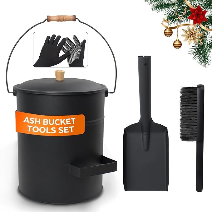 4 Gallon Ash Bucket with Lid and Shovel, Metal Fireplace Ash Bucket with Broom, Complete Fireplace Tools Set for Wood Stove and Fireplace