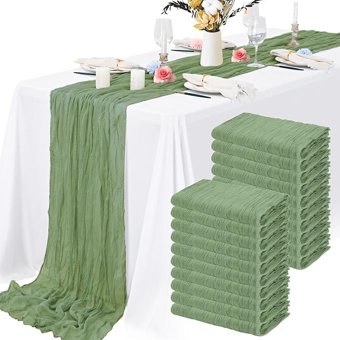 20 Packs Cheesecloth Table Runner 10FT Long Boho Gauze Fabric Table Runner Vintage Rustic Sheer Runners for Wedding Party Bridal Baby Shower Table Decorations (Sage Green)