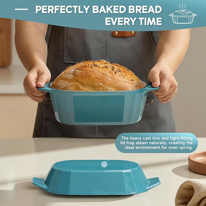 Enameled Cast Iron Dutch Oven for Bread Baking – 3QT Oval Round Heavy Duty Bread Pan with Lid, Non-Stick Ceramic Coating,Loaf Cast Iron Bread Oven for Sourdough, Baking, Roasting, Braising, Stovetop & Oven Safe