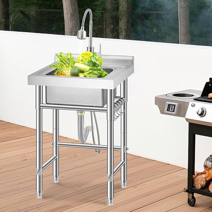 Stainless Steel Utility Sink, Free Standing Single Bowl Kitchen Sink, Adjustable Leg Height, with Faucet, Hot and Cold Water Pipes, Commercial Laundry Tub, Hook for Indoor Outdoor Farmhouse Use