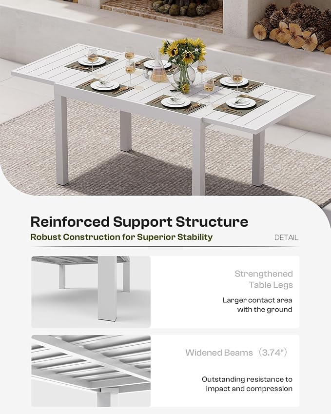 Expandable Outdoor Patio Dining Table Set for 6-8 Person, Aluminum Outdoor Table and 4 Chairs with Textilene Fabric & HDPS Armrest, All-Weather Patio Furniture Set for Yard, Garden, White