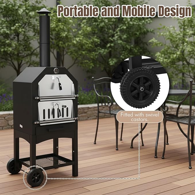 2-Tier Freestanding Charcoal Pizza Oven Stone and Shovel Large Wood Fired Pizza Oven for Backyard Camping Tailgating