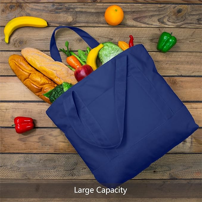 TOPDesign 6-Pack Canvas Tote Bags with an External Pocket, Reusable Grocery Shopping Bags, Top Zipper Closure, Daily Essentials (Blue)