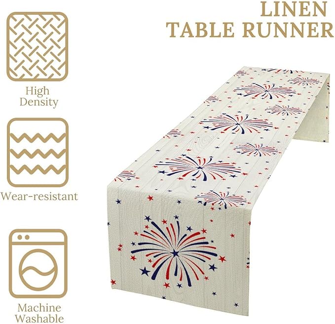 Fireworks Table Runner, 4th of July Patriotic Memorial Day American Independence Day Table Runner for Holiday Kitchen Dining Holiday 13x36in