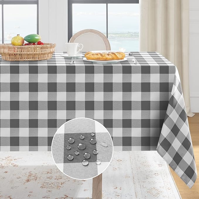 Softalker Gingham Checkered Tablecloth Rectangle - Outdoor Waterproof Buffalo Plaid Table Cloth, Stain Resistant Washable Table Cover for Picnic, Camping, Dining - Grey and White, 60 x 102 Inch