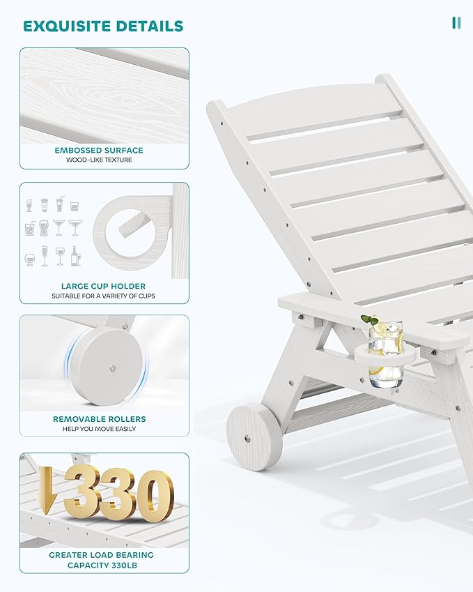 SERWALL Patio Chaise Lounge Chair Set of 6, 5 Positions Adjustable Poly Outdoor Lounger for Pool, HDPE Lounge Chair with Rolling Wheels & Cup Holder for Poolside, Deck, White