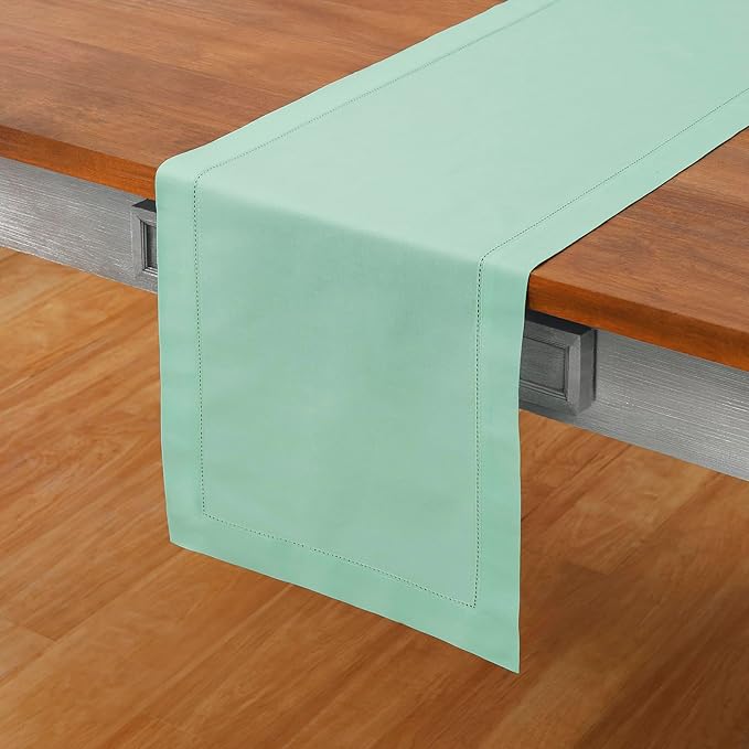 Solino Home Table Runner 108 Inches Long - Cotton Linen Hemstitch Aqua Table Runner 14 x 108 Inch for Winter, Spring, Easter
