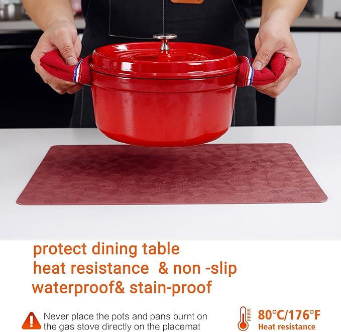Vinyl Placemats Set of 6 Heat Resistant Easy Clean Non-Slip Place Mats for Dining Table. Faux Leather Waterproof Stain Resistant Wipeable Washable PU Table Mats(6, Red)