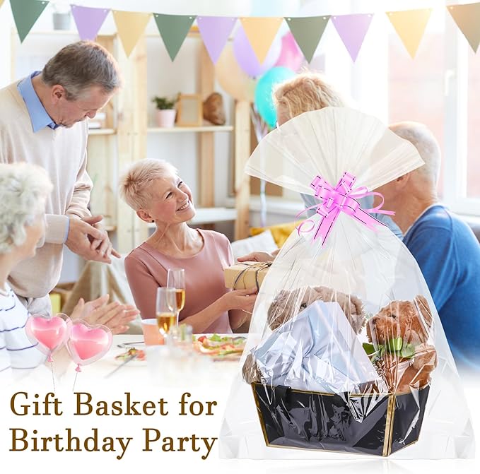 Tuanse 30 Pcs Basket for Gift Empty DIY Bulk Gift Basket Kit with Handle Kraft Cardboard Tray with 30 Bag 30 Bow Market Tray for Wedding Party(Black Gold,9.8 x 6.7 x 4.3 in)