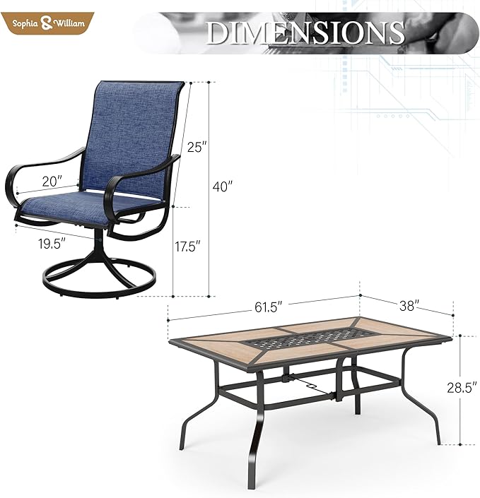 Sophia & William Patio Dining Sets Outdoor Dining Set for 6 Patio Table and Chairs Set 7 Pieces with Swivel Patio Chairs, 61"x 38" Wood Like Metal Table for Garden Pool All Weather Blue