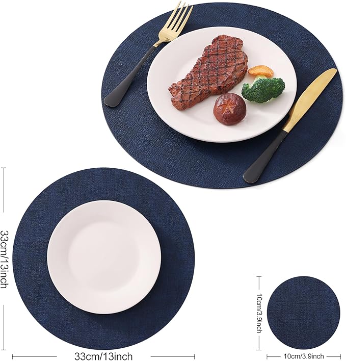Homaxy Round Faux Leather Placemats and Coasters, Washable Dual-Side Table Mats, Wipeable Heat-Resistant Dining Place Mats for Outdoor and Indoor, Set of 8, Diameter 13 and 3.93 inch, Navy Blue
