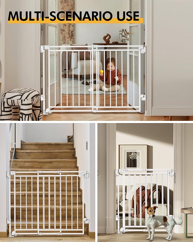 Baby Gate for Stairs Doorways & Kitchen, 26.4"-43" W x 29" H, No Bottom Bar Dog Gate, One-Handed Auto-Close, Hardware Mount Safety Gate for Dogs & Toddlers, White