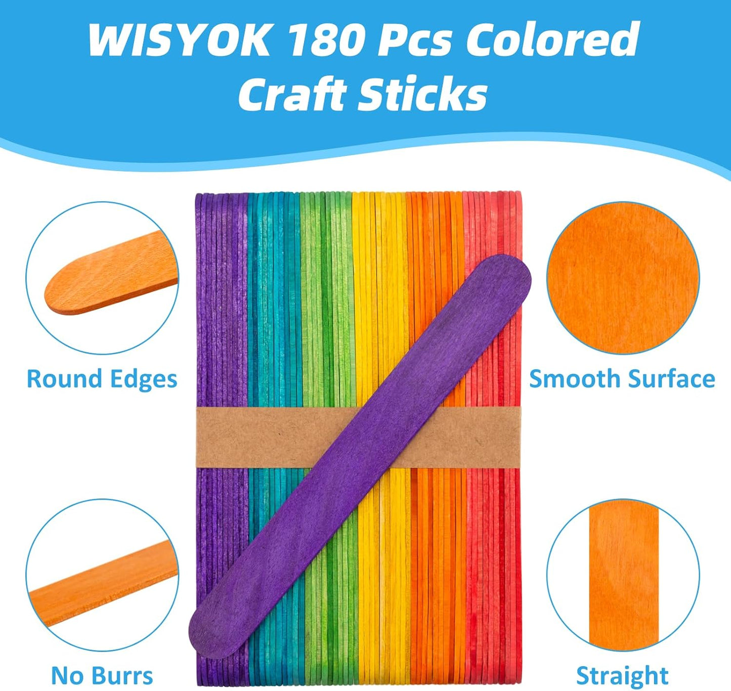 WISYOK 180 Pcs 6' Colored Jumbo Wooden Craft Sticks - Rainbow Wooden Popsicle Sticks for Creative Designs or Kids Education, Home Art Projects