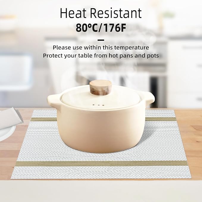 Beige Placemats Set of 8 - Heat Resistant Non-Slip Place mats for Dining Table, Washable Durable PVC Vinyl Woven Table Mats (Beige)