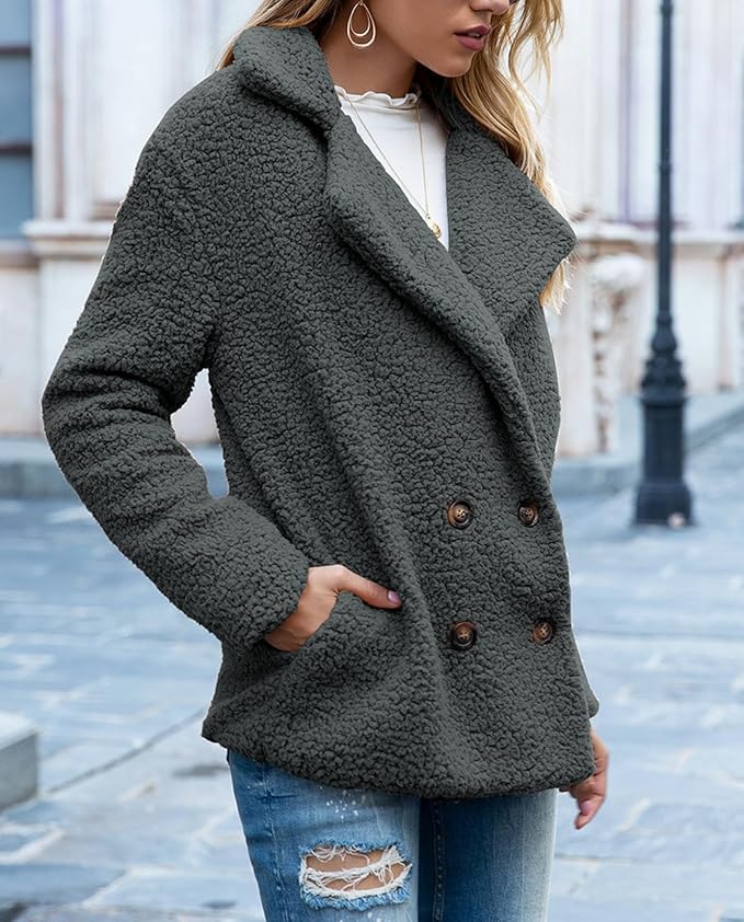 Women's Winter Warm Plush Cardigan Fuzzy Fleece Lapel Jacket with Buttons Pockets Long Sleeve Casual Outerwear